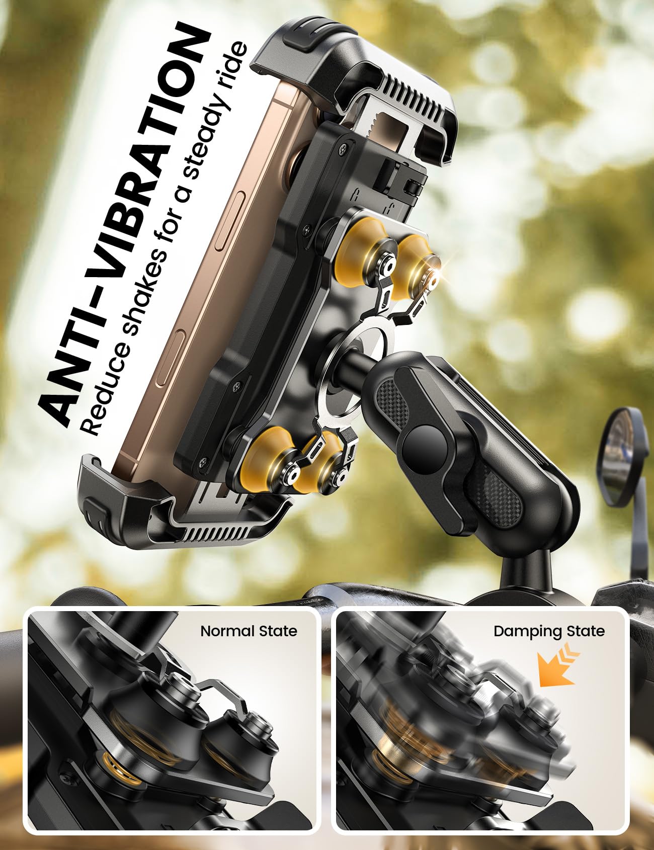 Lamicall Motorcycle Phone Mount Holder - [Metal Extension Arm] [Dual Vibration Dampener] Motorcycle Cell Phone Mount, Bike Bicycle Handlebar Phone Clamp, for iPhone 16/15/ 14 Pro Max, 4.7-6.7