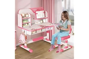 SMALIBAL Kids Study Desk and Chair Set, Height Adjustable Kids Table and Chairs, Desk for Bedroom, Children School Study Writing Tables with Large Writing Board, Ideal Gifts for Boys Girls 8-12