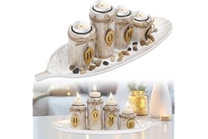 4Pcs Wooden Tea Light Candle Holder with Tray, Decorative Farmhouse Coffee Table Decor Candle Holder, Boho Wooden Tray with S