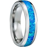 Tungsten Carbide Blue Opal Inlay Comfort Fit Ring Promise Wedding Engagement for Men, 8mm 6mm 4mm, Black Rose Gold Silver, Band Dome Style High Polished Finish, Gift Box Included