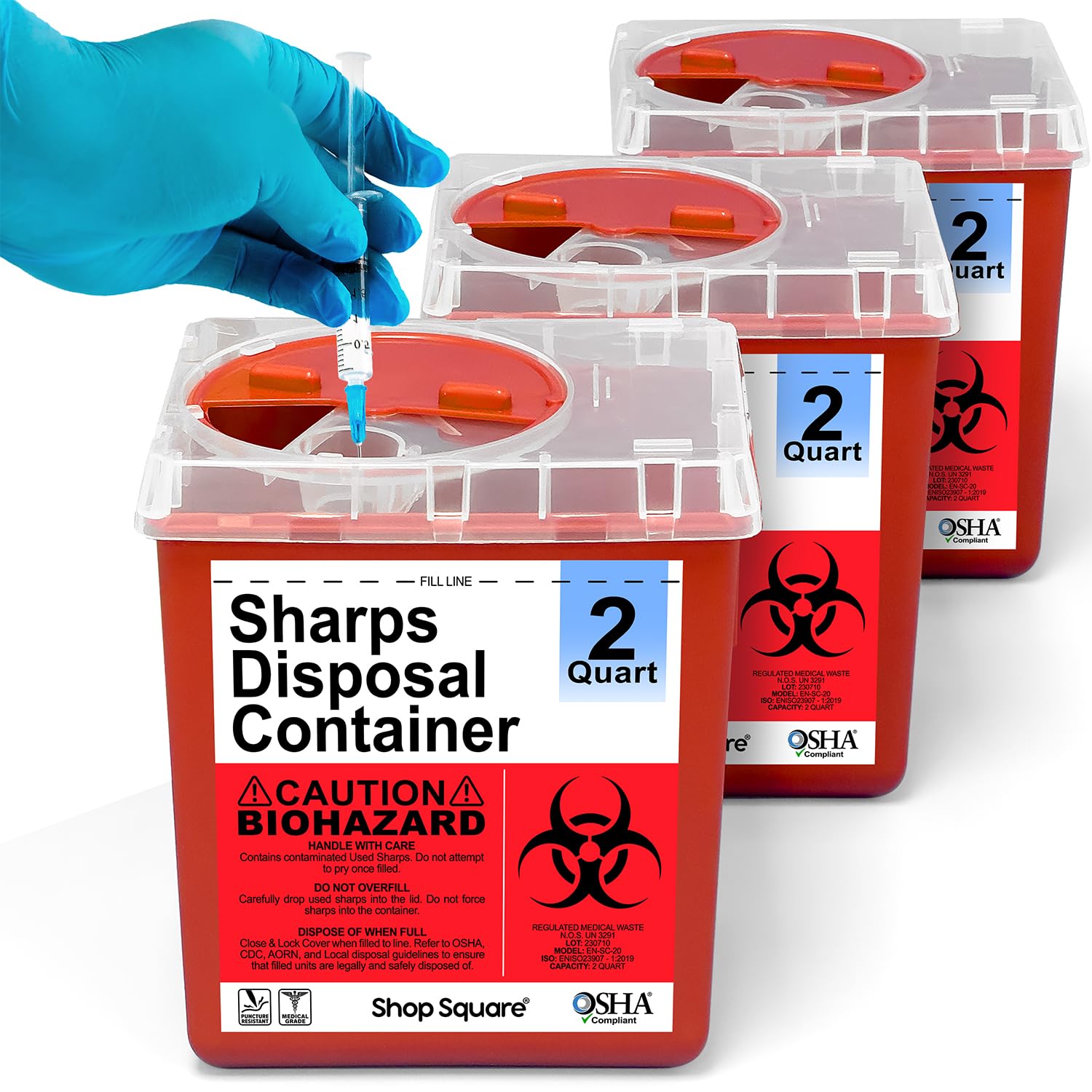 Sharps Containers for Home and Professional Use, 2 Quart Needle Disposal (3-Pack), Syringe Disposal for Home, Biohazard Containers