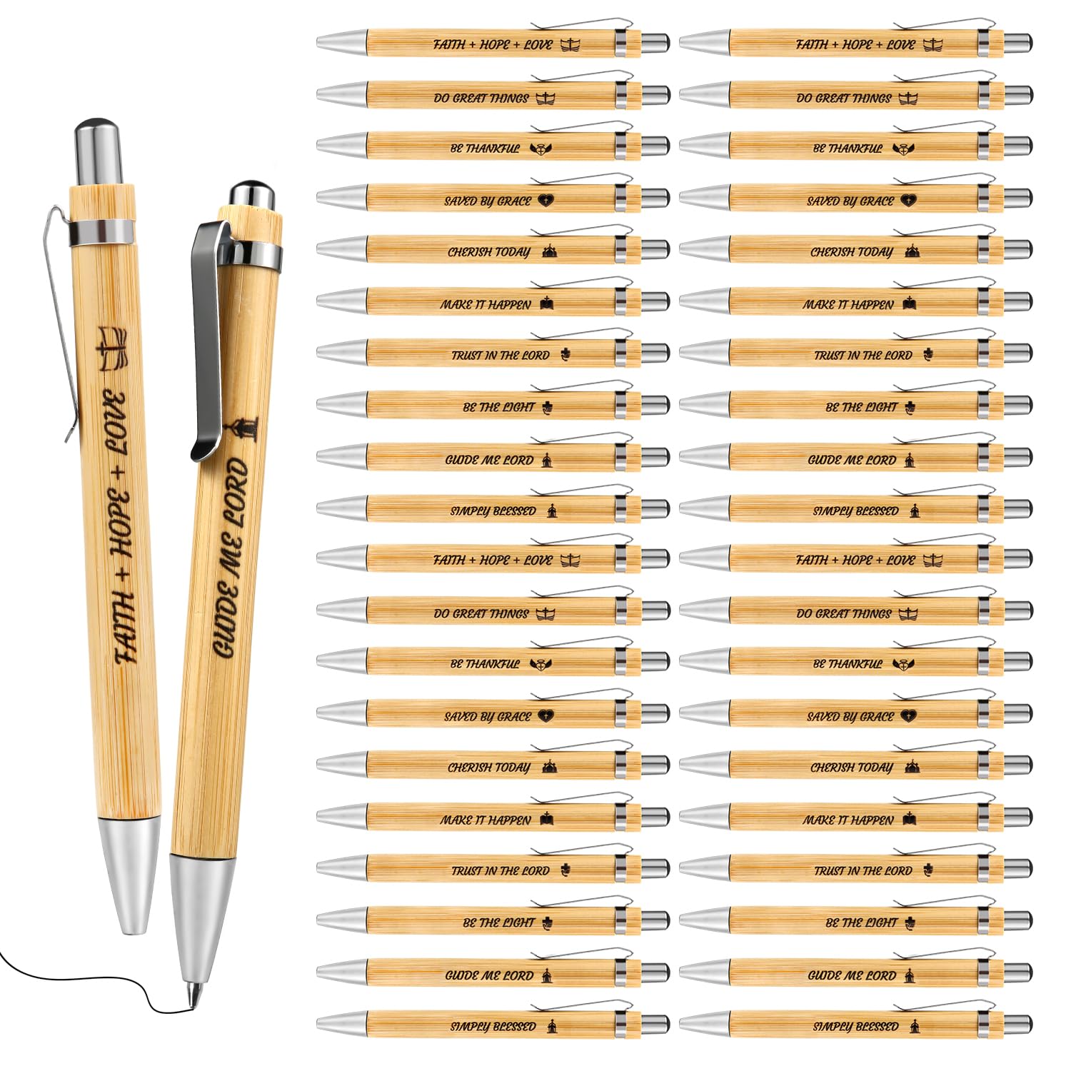 PEUTIER 50pcs Bible Verse Pens, Retractable Bamboo Ballpoint Pens - Religious Christian Pens with Inspirational Quotes for Office, School Writing Supplies and Religious Gifts