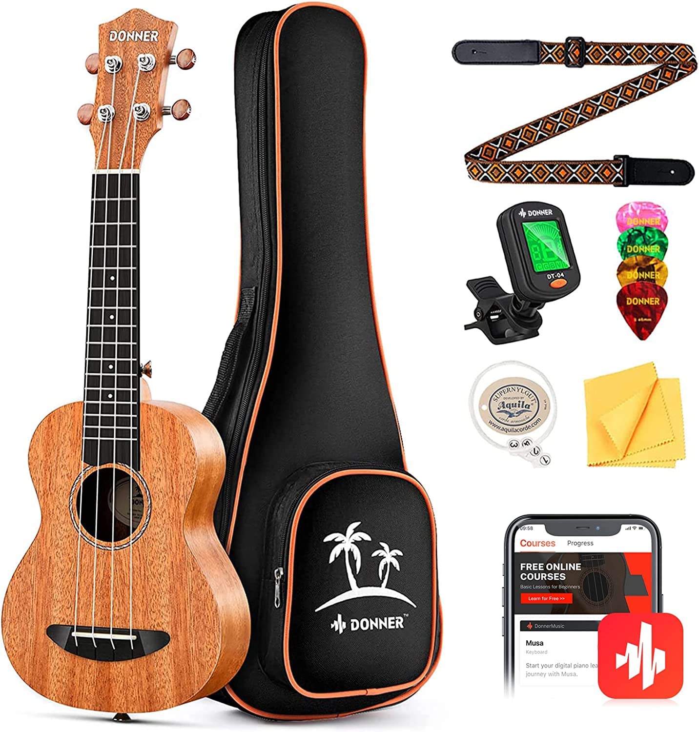 Donner Concert Ukulele Beginner Kit Ukulele 23 inch Starter Kit Mahogany Adult Hawaii Guitar Ukelele with Online Lesson(DUC-100)