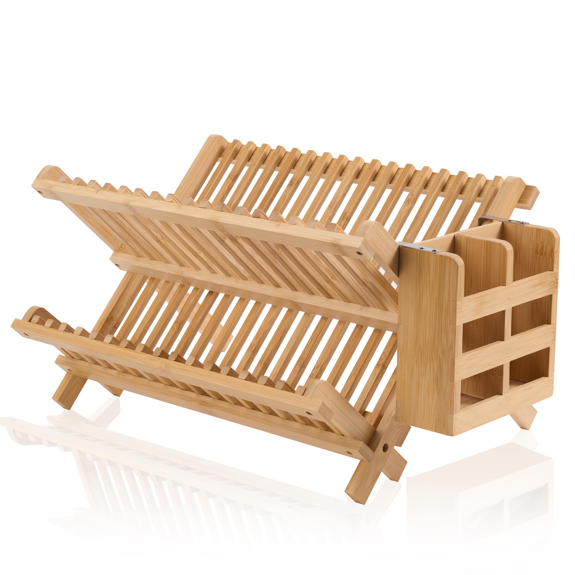 Photo 1 of NOVAYEAH Bamboo Dish Drying Rack-2 Tier, Collapsible Small Dish Rack with Utensil Holder, Wooden Drying Rack for Kitchen Counter, Apartment Essentials Kitchen Plate Holder Organization 34 pcs Grid