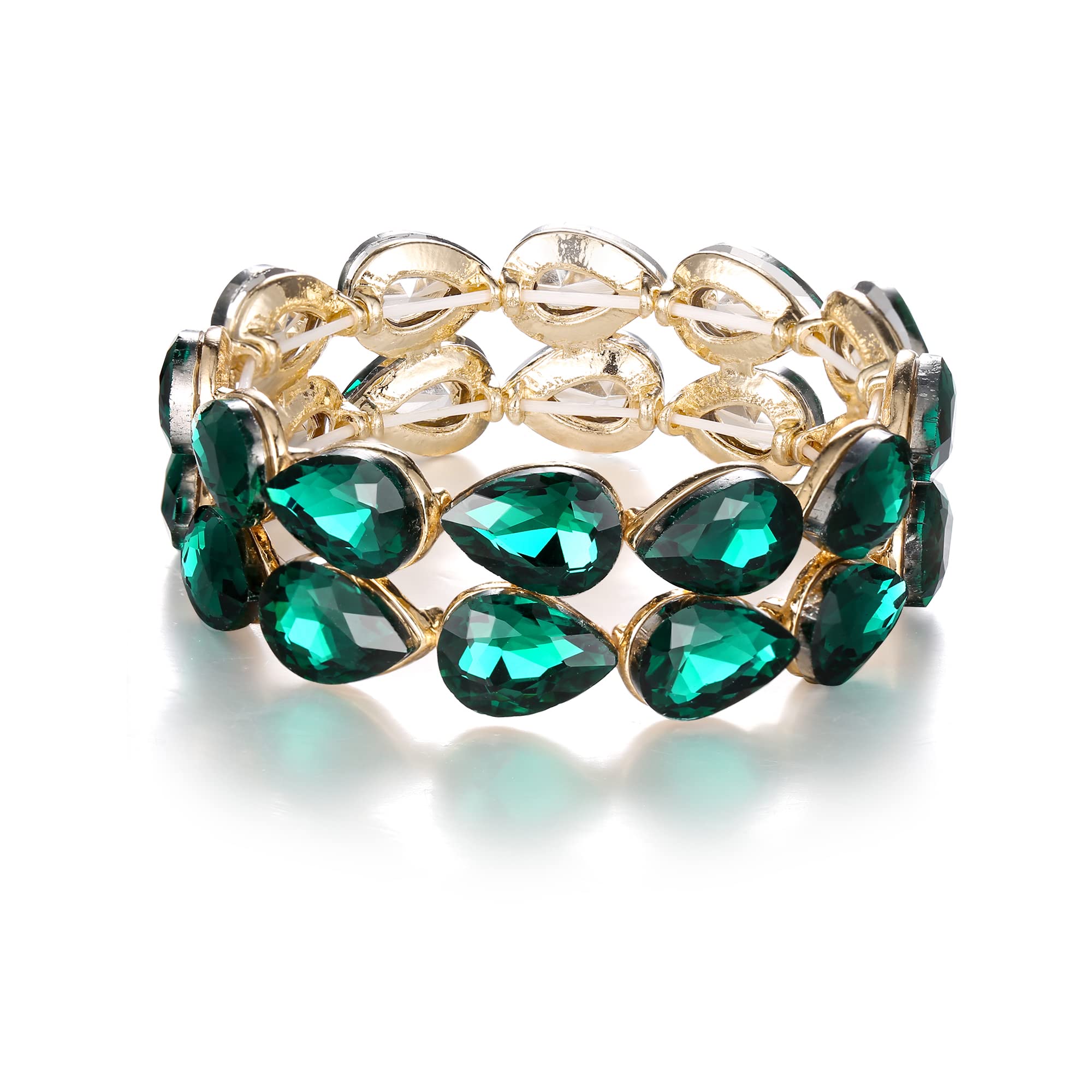 Clearine Wedding Bridal Elegant Bangle Crystal Double Row Teardrop Cluster Stretch Bracelet for Women Brides Emerald Colour Gold-Tone