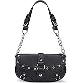 HIYOLALA Women's Punk Retro Y2k Mini Purse Rivets Small Saddle Shoulder Bag with Chain Strap and Buckles