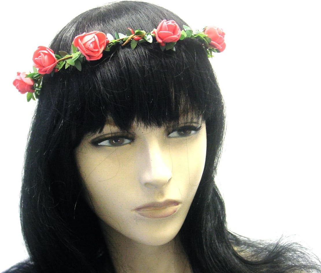 La Peach Fashions Lovely Rose Flower Headband Ladies Wedding Beach Flower Headband Floral Wreath For Festivals Head Garland (Red)