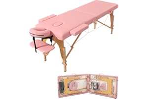 HENGJIANYI Massage Table Massage Bed, Portable 2 Section Foldable Tattoo Bed, Height Adjustable Lash Spa Bed with Face Cradle, Home Light Weight Facial Salon Bed with with Wood Frame, Light Pink