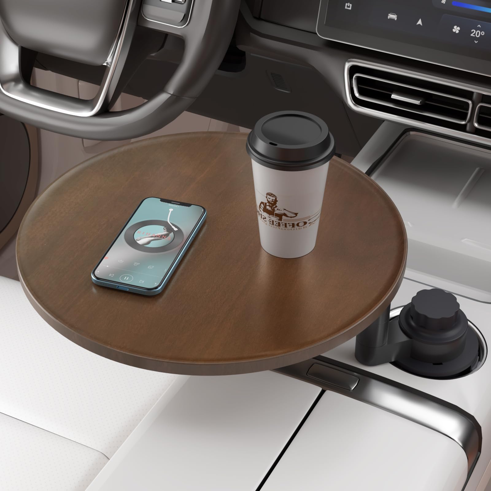 Photo 1 of Car Tray & Car Desk for Laptop, 360° Rotating Wood Cup Holder Table, Steering Wheel Tray, Car Accessories for Women & Men,Compatible with Tesla Model Y/3/S, Ford F150/Explorer/Maverick & Most Vehicles