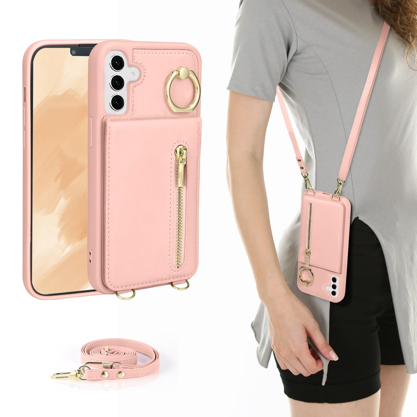 Photo 1 of KYFSJPT Crossbody Wallet Case for Samsung Galaxy S25, with Card Slots Zipper Pocket Case, Flip Folio Purse RFID Blocking with Ring Kickstand Detachable Strap-Pink