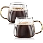 Luxtea Vintage Glass Coffee Mugs Set of 2 Ribbed Drinking Glasses Clear Tea Cups Borosilicate Glass Cup in Vertical Stripes Pattern for Cappuccino,Latte,Beverage (14 Fl.Oz.,Yellow Handle)