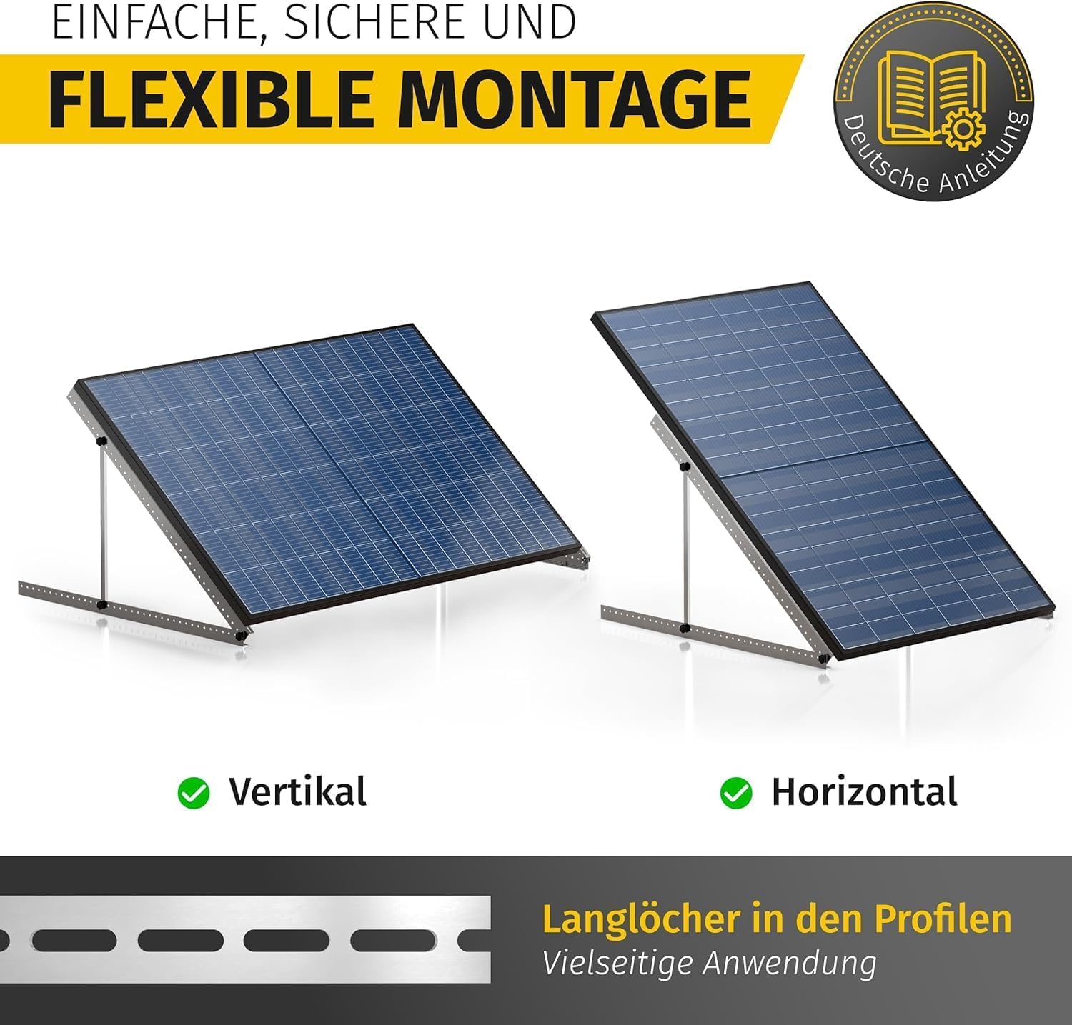Avoltik Balkonkraftwerk Halterung im 2er Set (bis 114cm) I Halterung für 2 Solarpanel-Module I Verstellbar von 0-90° I Ideal für Dach, Balkon & Boden 8