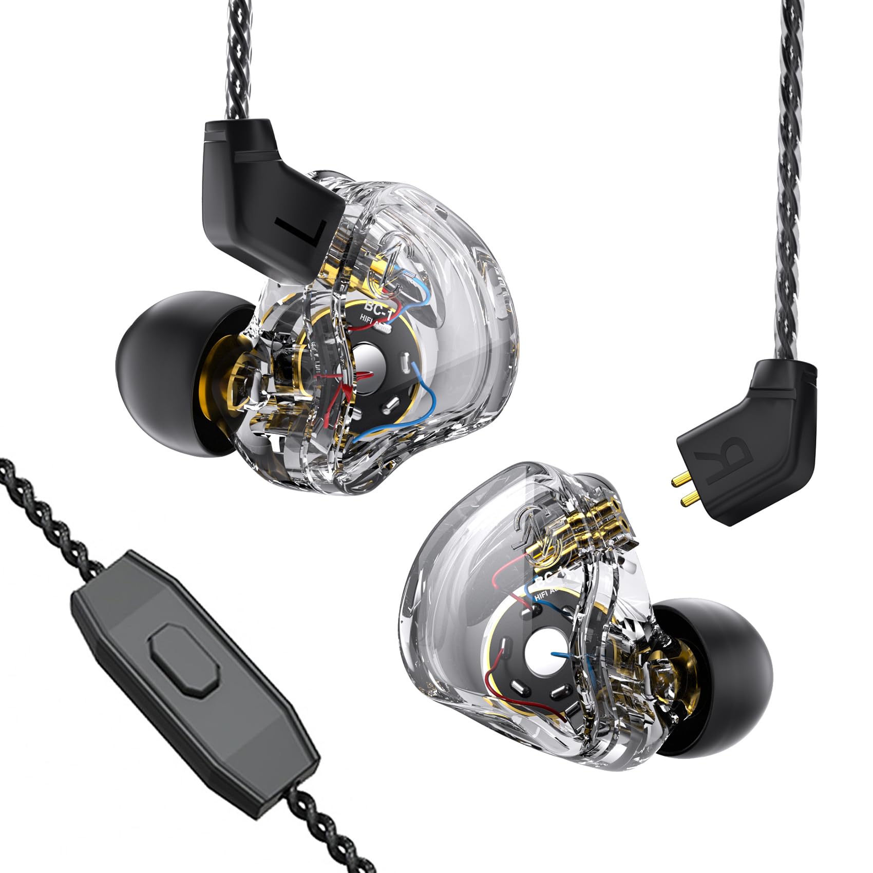 Yinyoo CCZ Melody In-Ear-Monitors Hybrid 1BA 1DD HiFi Earphone, Deep Bass Lightweight In-Ear Earphone IEM with 4N OFC Cable for Musician/Drummer/Bassist/Guitarist(Clear Black, with mic)