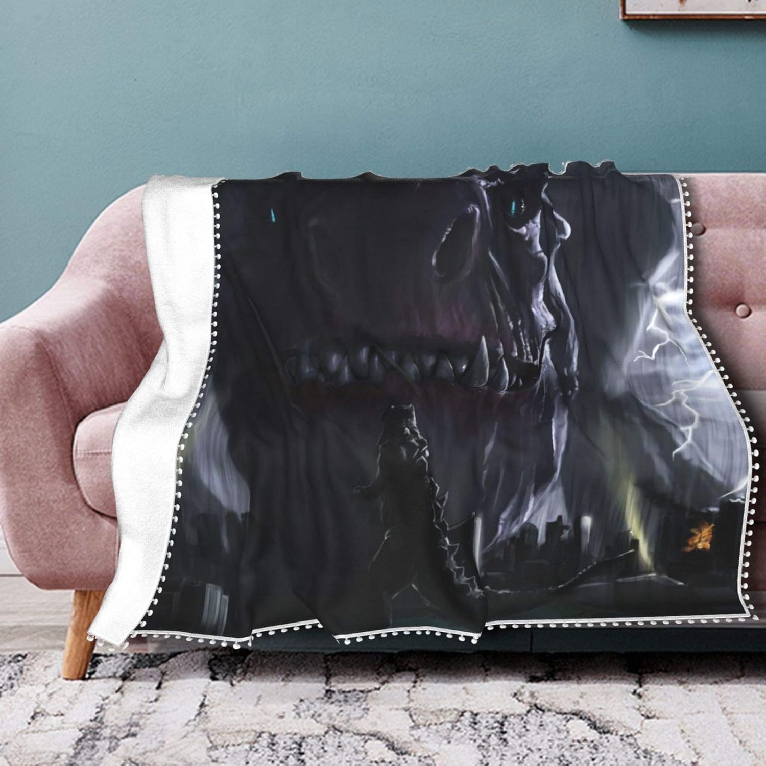 Asuuats Anime Godzilla King of The Monsters Warm Pompom Fringe Blanket, Soft Cozy Light Anti-Pilling Fluffy Throw Blanket, Home Decor Sofa Fuzzy Blanket Travel Lanket 60