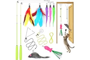 ChicWow Interactive Retractable Cat Wand & Hanging Toys for Cats - 2 Wands, 2 Hanging, 7 Teaser Cat Toys for Indoor Adult Cats Kitten, Includes Feather, Mouse, Fish, Worm, 1 Spare Elastic Rope