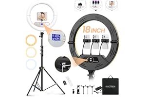 MACTREM 18" Foldable Ring Light with Stand for iPhone ipad, LED Display/2 USB Ports/4 Phone Tablet Holders, 2700-6500K Dimmable Ring Light for Tattoo Barber Makeup Studio Video Recording Photography