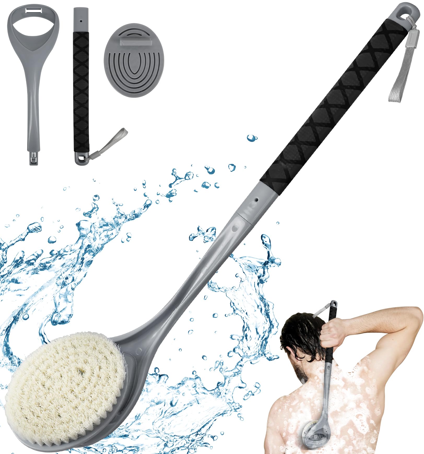 Back Scrubber Anti Slip for Shower, Detachable Back Bath Brush for Shower, Back Scrubber, Exfoliation and Improved Skin Health for Elderly with Limited Arm Movement, Disabled (Grey)