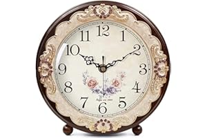 Justup Vintage Wooden Table Clock, Retro Non-Ticking European Style Beside Mantle Desk Clock Battery Operated Silent Quartz Movement for Bedroom Living Room Indoor Decor (Purple)