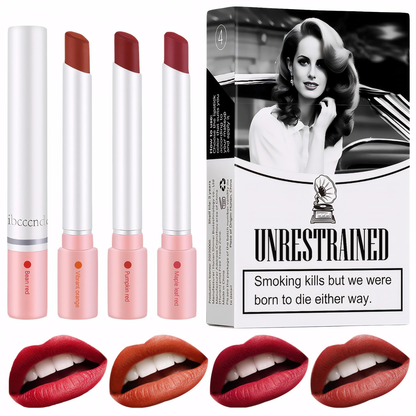 Lana Del Rey Lipstick, 4 Colors Matte Lipsticks Set for Women Girls, Lana Del Ray Plumping Lip Gloss for High Pigmented Velvety Waterproof Natural Long Lasting - Cigarette Lipstick Set