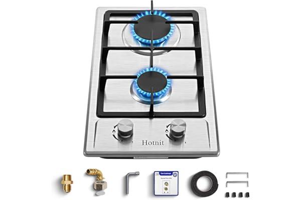 Hothit 2 Burner Propane Gas Cooktop, 12" Inch LPG/NG Dual Fuel Built-in Gas Stove Top, Stainless Steel Electronic Ignition Ga