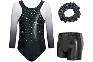JiAmy Gymnastic Outfits for Girls 3/4 Sleeve Sparkly Leotard with Shorts Dance Unitards for 3-12 Years