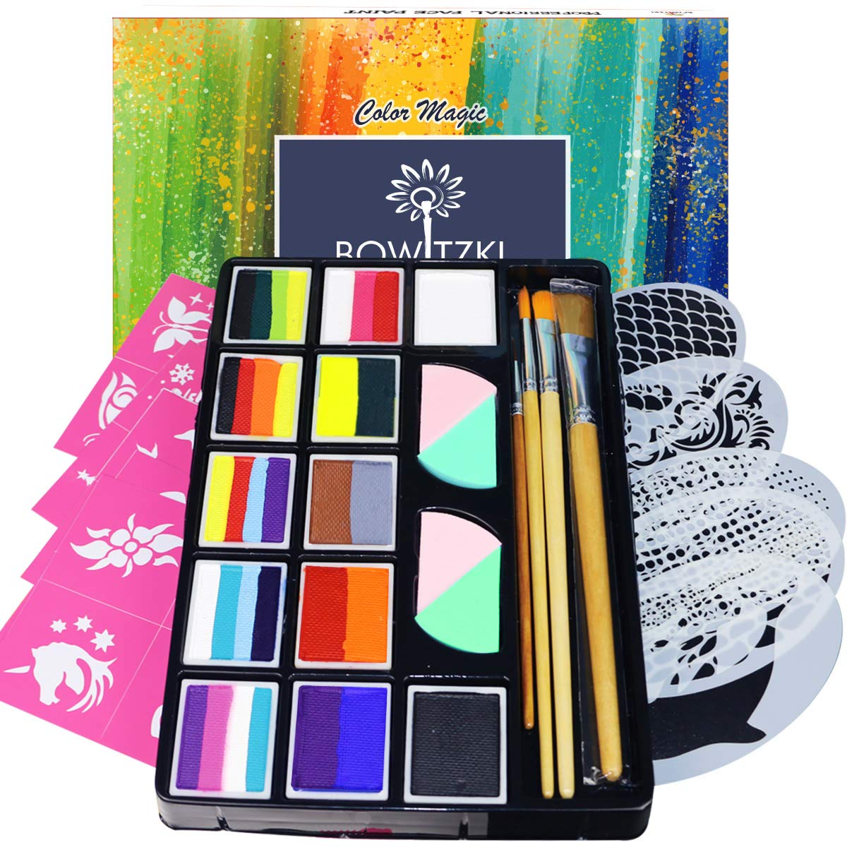 Bowitzki Professional Face Painting Kit for Kids Adults 12 x 10gm Face Paint Set with Stencil One Stroke Split Cakes Palette Non Toxic Rainbow Flora Dolphin Unicorn Flame Body Paint