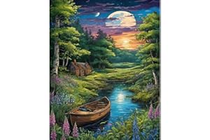 askkqtx Landscape paint by number for adults canvas,Moon Paint by Numbers for Adults Beginner,Lakes Boat Acrylic Watercolor Paint by Number,DIY Oil Painting for Home Wall Decor Gifts (16 x 20inch).