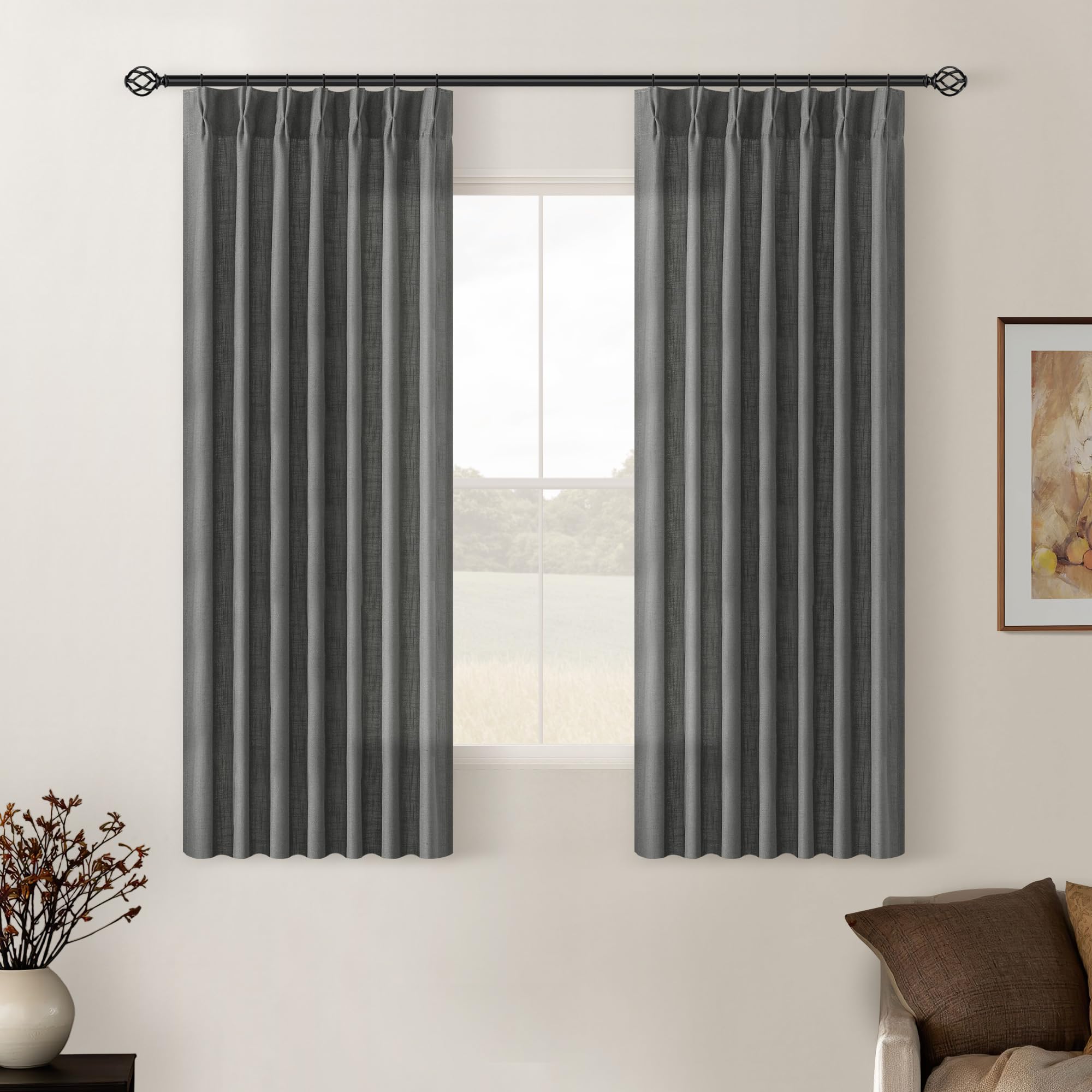 Photo 1 of Charcoal Grey Pinch Pleated Linen Cafe Curtains 45 Inch Length 2 Panels for Dining Room Kitchen Bedroom Semi Sheer Pleat Drapes with Hooks Rings Light Filtering Short Window Curtain Cabinet 40x45