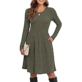 lionstill Women's Knit Textured Sweater Dresses Long Sleeve Loose Casual Pleated Fall Dress with Pockets,Green, M