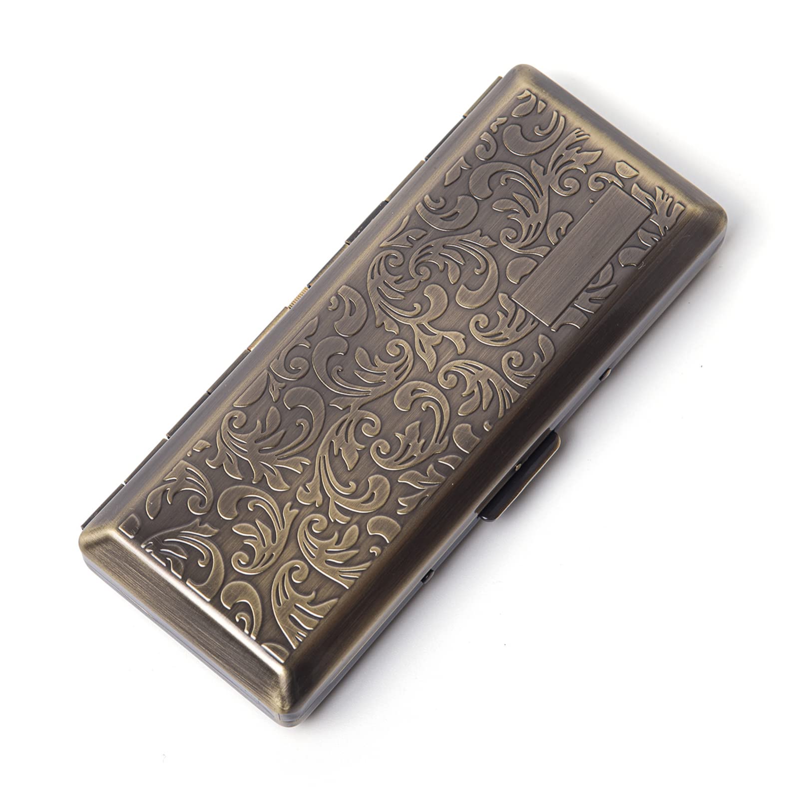 Metal Carry Cigarette Case, Double Sided Spring Clip,Holds 10 100mm Cigarettes (Vines bronze)