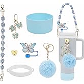 RNFVJH Accessories Set Including Water Bottle Handle Strap, Silicone Boot, Resin Butterfly Straw Cover, Straw Topper, Lip Balm Sleeve, Butterfly & Hairball Charms for Stanley Cup Tumbler