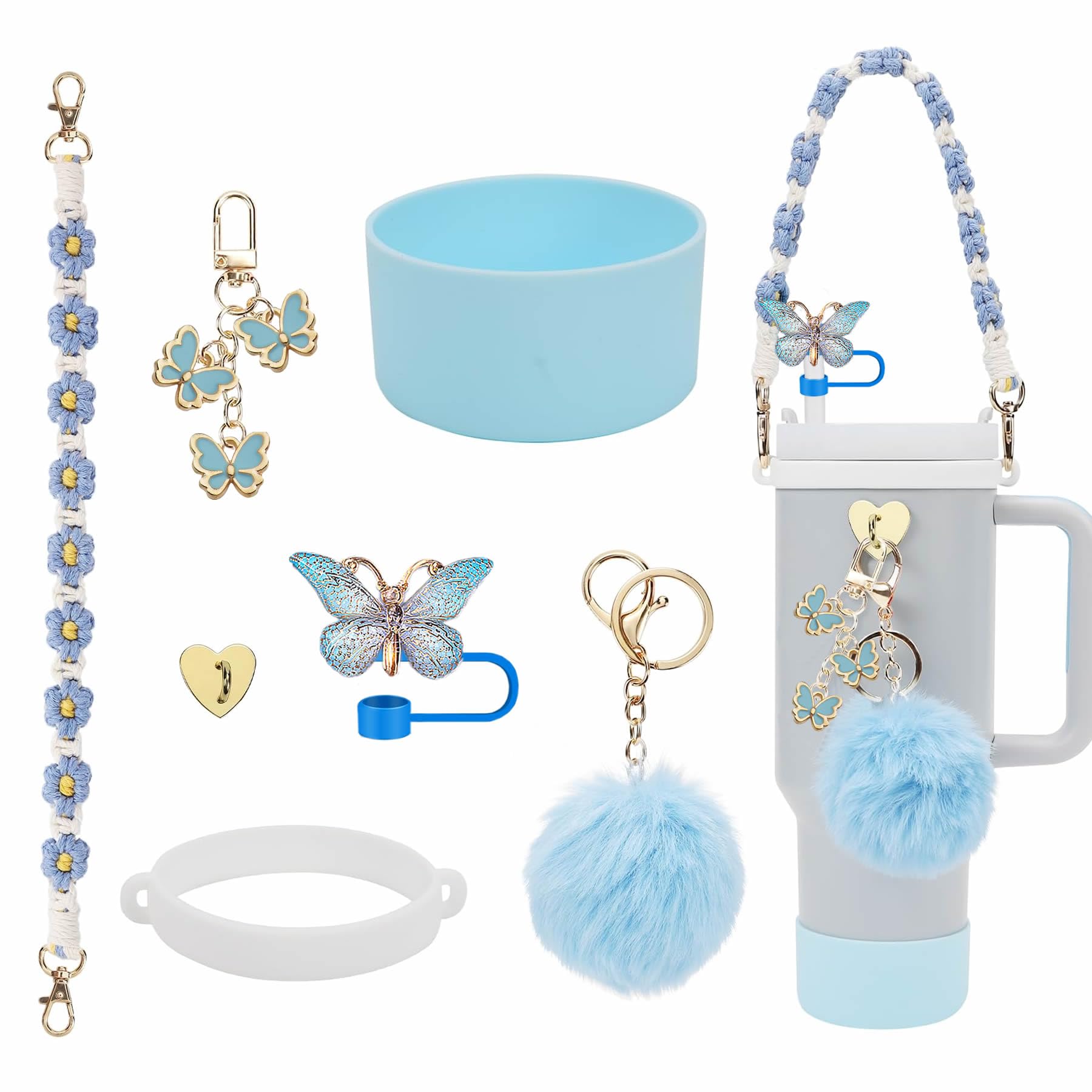 Photo 1 of **MISSING PARTS**
RNFVJH Accessories Set Including Water Bottle Handle Strap, Silicone Boot, Resin Butterfly Straw Cover, Straw Topper, Lip Balm Sleeve, Butterfly & Hairball Charms for Stanley Cup Tumbler (7pcs Blue)
