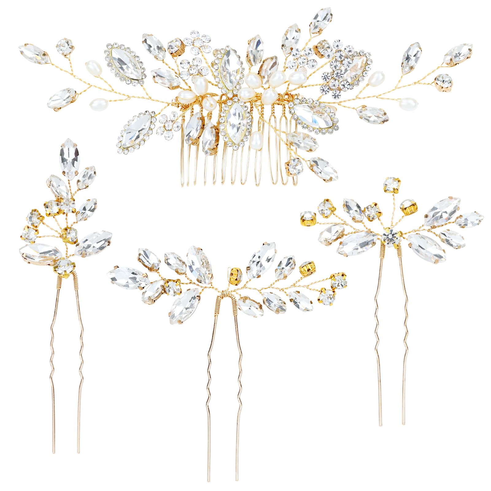 inSowni 4 Pieces Gold Metal Wedding Bridal Rhinestone Hair Side Comb Slide+U-shaped Rhinestone Hair Pins Prom Party Headpieces for Brides Bridesmaids Women Girls