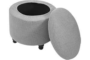 Andreannie Stretch Grey Jacquard Fabric Ottoman Slipcover Floding Storage Foot Stool Covers Soft Round Slipcover Removable Washable Furniture Protector for Home Decor (Grey)