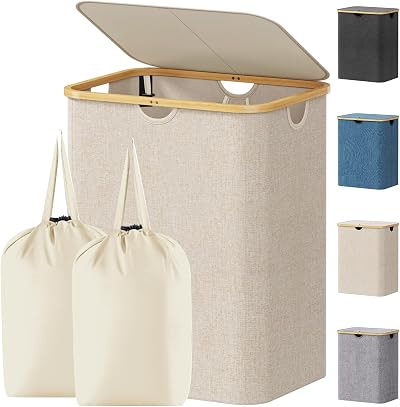 Lifewit 120L Laundry Basket with Lid Beige Bamboo Handles 2 Removable Bags