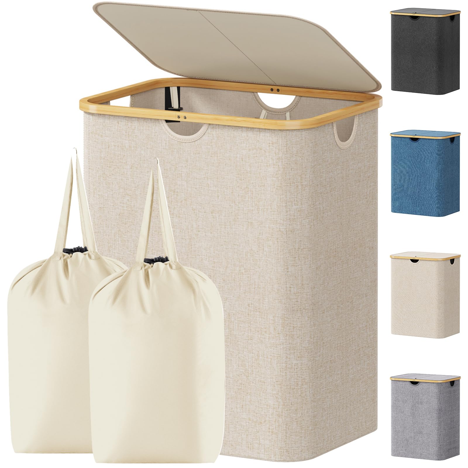 Lifewit 120L Laundry Basket with Lid, Double Dirty Clothes Bin with Bamboo Handles and 2 Removable Bags, Large Foldable Washing Basket for Bedroom, Bathroom, Dorm, Laundry Room, Beige — image 1