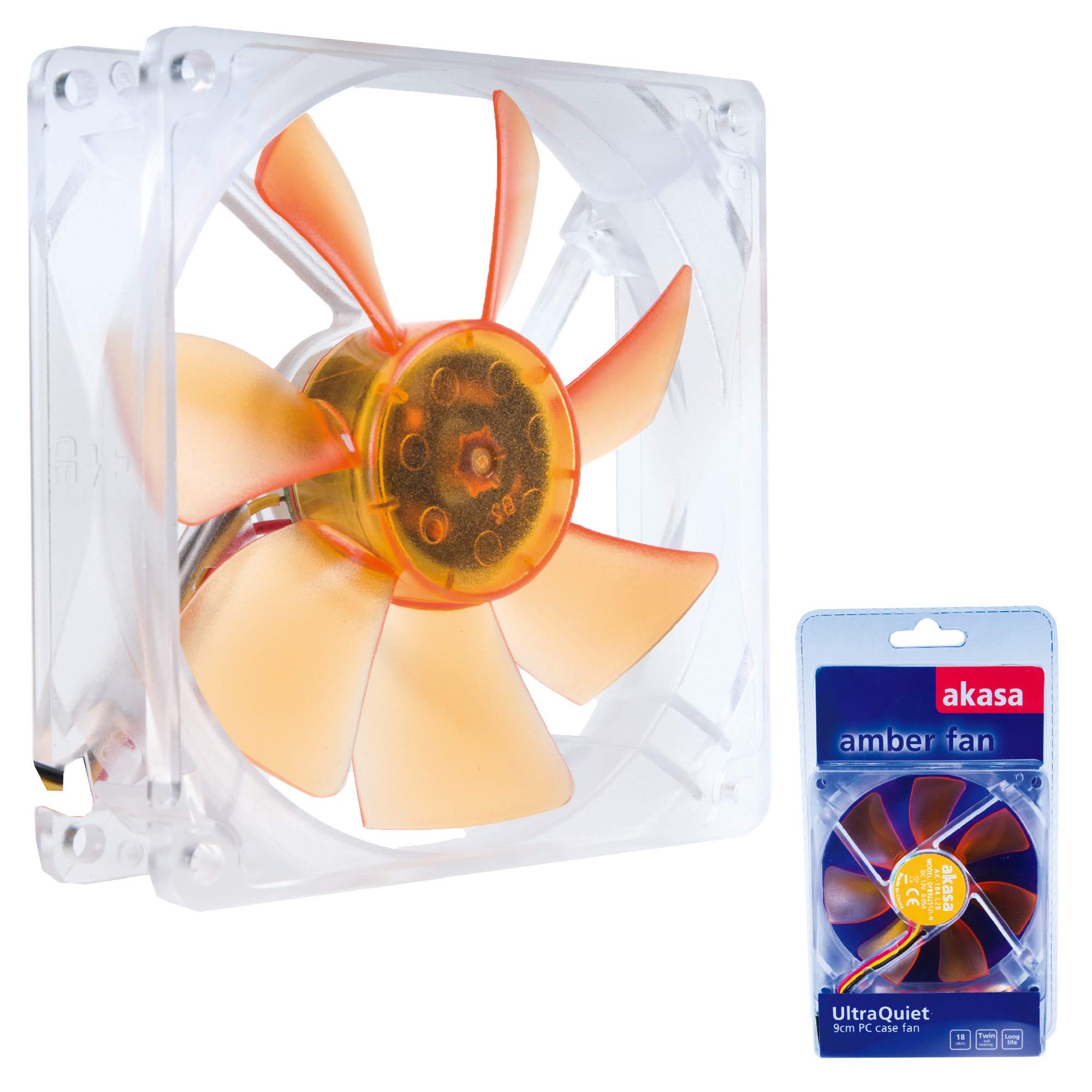 Akasa 92mm Amber | Silent Fan | 18.0dB | 3-pin to 4-pin adapter | 1400 RPM | High Airflow & Static Pressure | For PCs, Heatsink, CPU cooling and Ventilation | AK-184-L2B