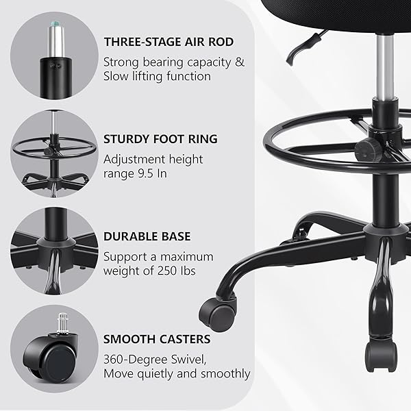PRIMY TALL DRAFTING DESK CHAIR – ARMLESS, ADJUSTABLE HEIGHT, MESH BACK, ROLLING, STANDING DESK CHAIR FOR ART ROOM, OFFICE OR HOME (BLACK)