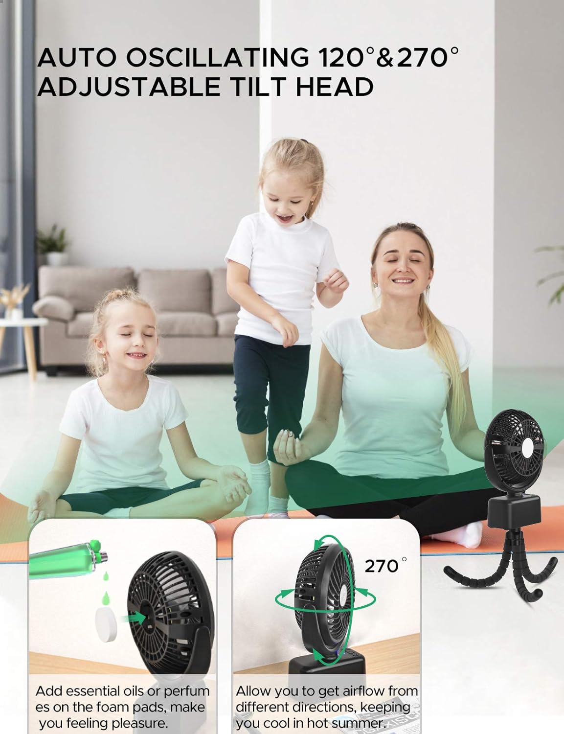 SOKOO 2021 Portable Battery Operated Desk Fan with Lights&Hook, 5000mAh USB Oscillating Personal Fan 3 speeds for Office Home Camping Outdoor Travel: Kitchen & Dining