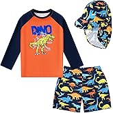 Toddlers Boys 3PCS Rashguard Swimsuit Long Sleeve Top and Slim-fit Swim Shorts Sets with Sun Hat Boys Bathing Suit 1-5T