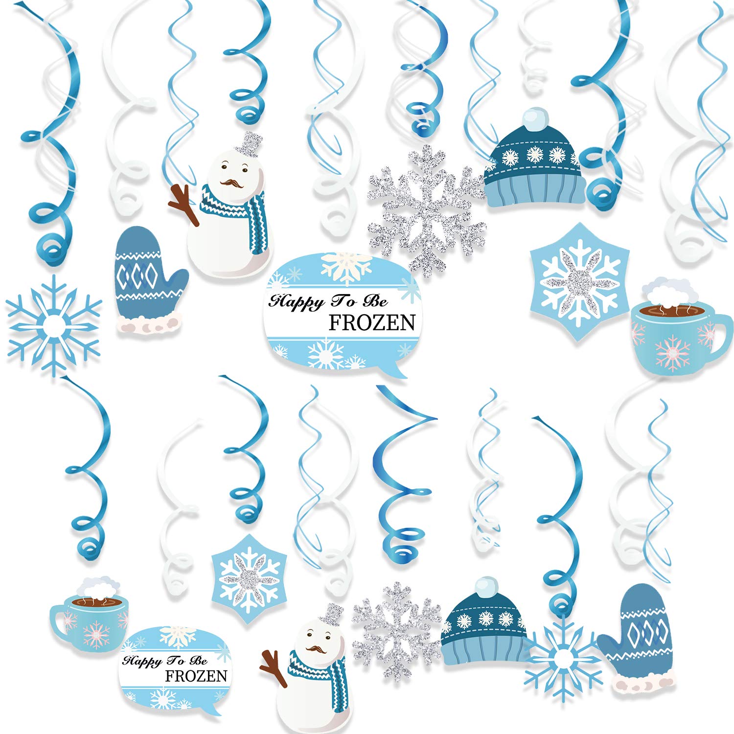Qpout 30pcs Christmas Hanging Swirl Decorations, Christmas Snowflake Snowman Swirls Xmas PVC Hanging Ceiling Decorations for Frozen Winter Holiday/Xmas/Christmas New Year Party Supplies