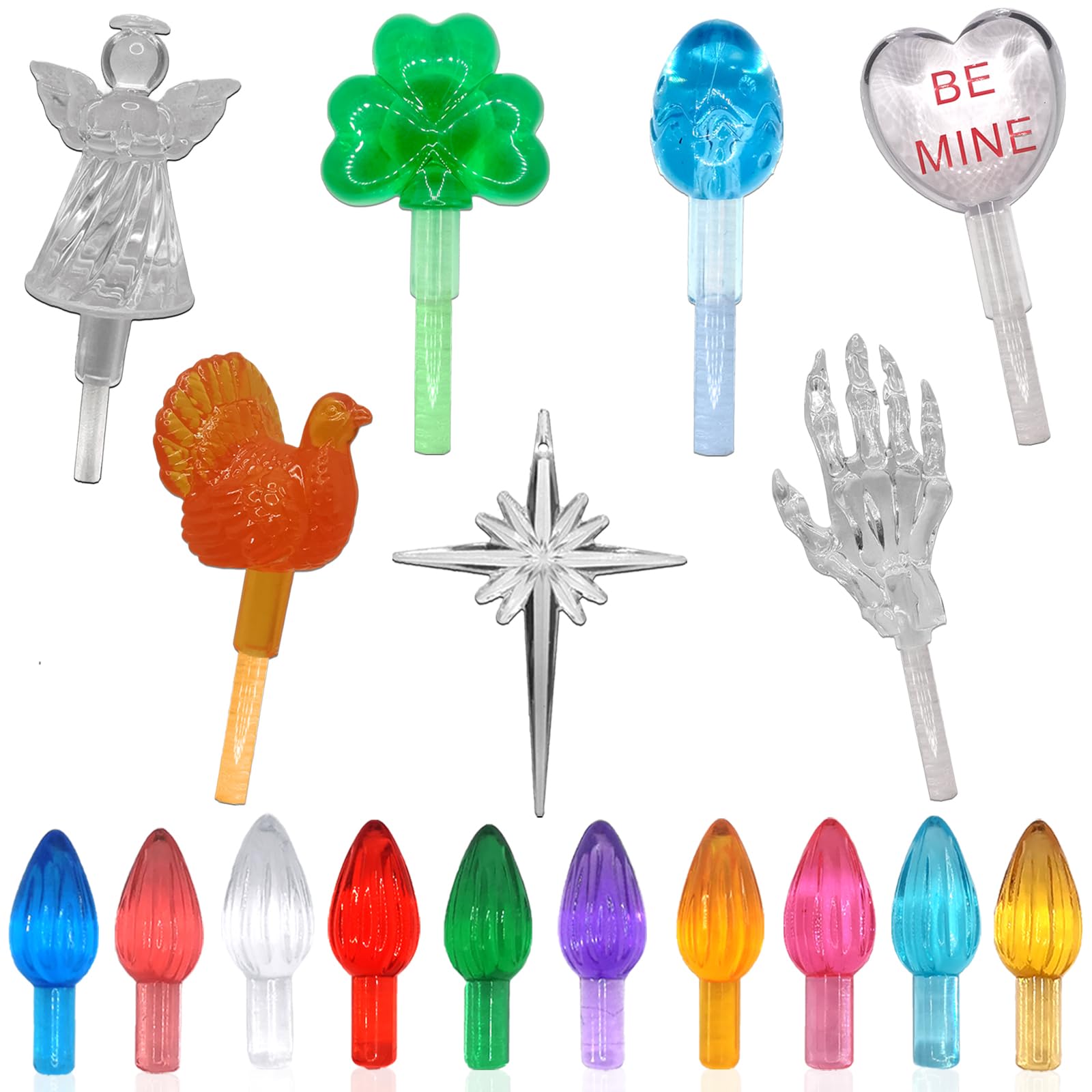 Photo 1 of 110Pcs in 10 Colors Ceramic Christmas Tree Replacement Lights - Plastic Bulbs Pegs, Included Angel Topper/Heart Top/Cross Stars/Egg/Turkey/Skeleton Hand/Clover.