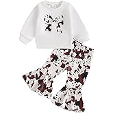 Lenjindjer 2Pcs Toddler Baby Girl Western Outfit Long Sleeve Bow Print Sweatshirt Cow Pattern Flare Pants 2pcs Spring Clothes