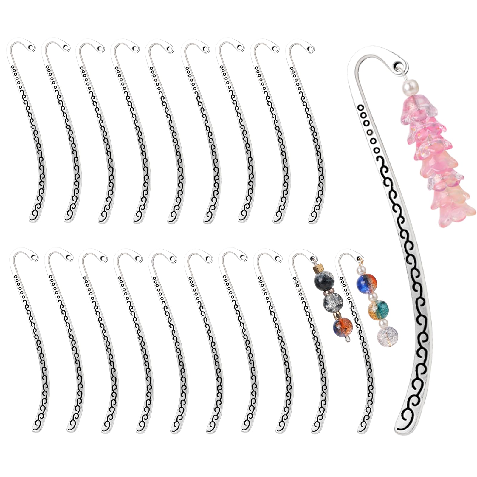 Dimeho 20 Pcs Metal Bookmark Antique Silver Carved Hook Book Mark Vintage Embossed Reading Page Markers Hairpin Pendants Jewelry Making Charms Accessories for Bookworm DIY Crafting