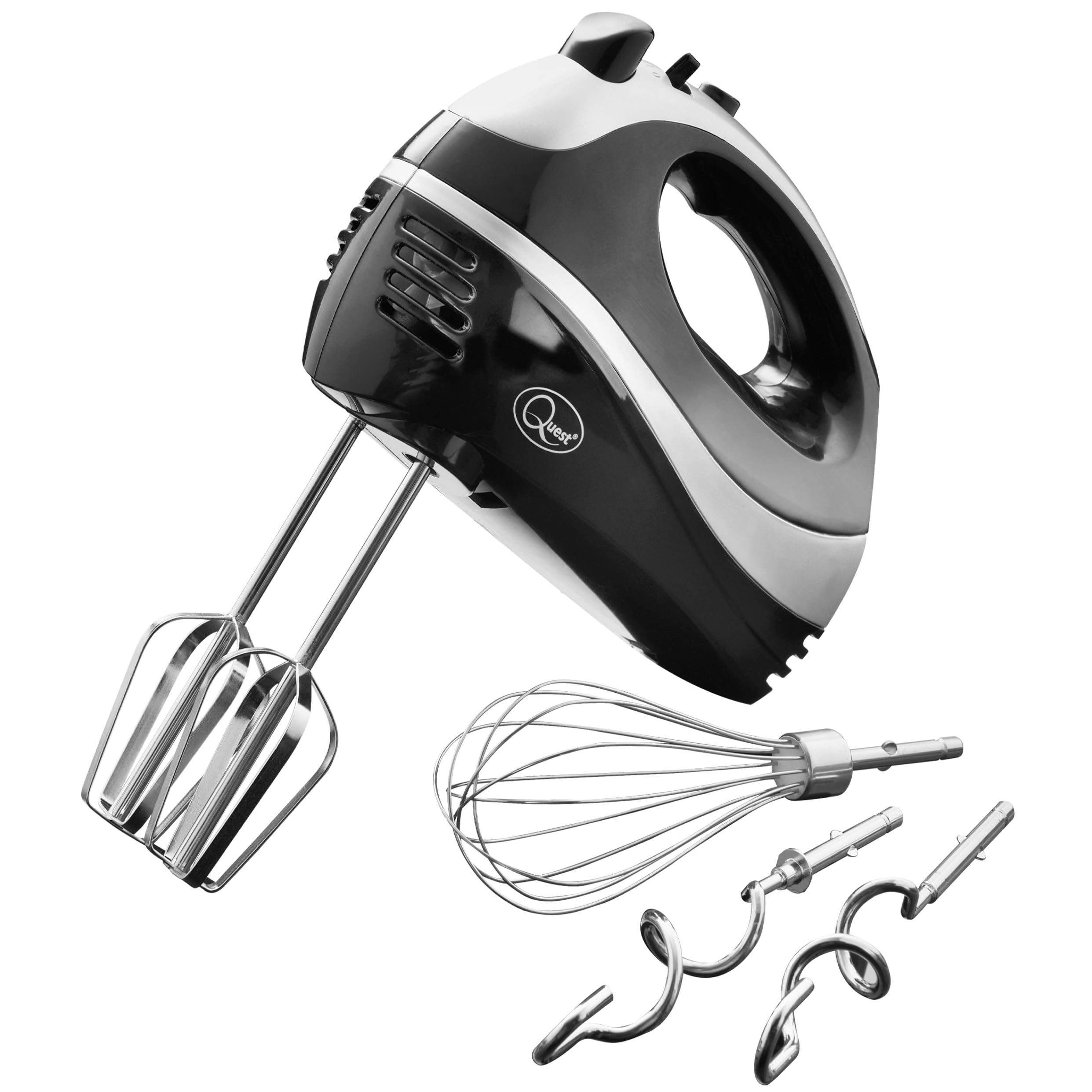 Quest Electric Hand Mixer, Black, Chrome Beaters, Dough Hooks & Balloon Whisk, 5 Speed With Turbo Function, 300W