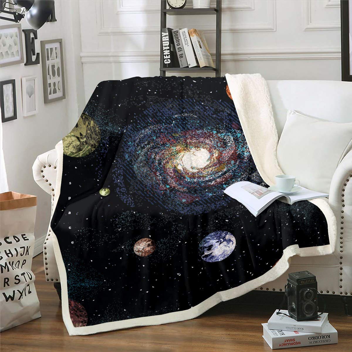 Universe Planet Printed Fleece Blanket - Outer Space Themed Galaxy Sherpa for Couch, Travel, Sofa - Microfiber Starry Sky Plush Throw - Room Decor Fuzzy Double 60"x79"