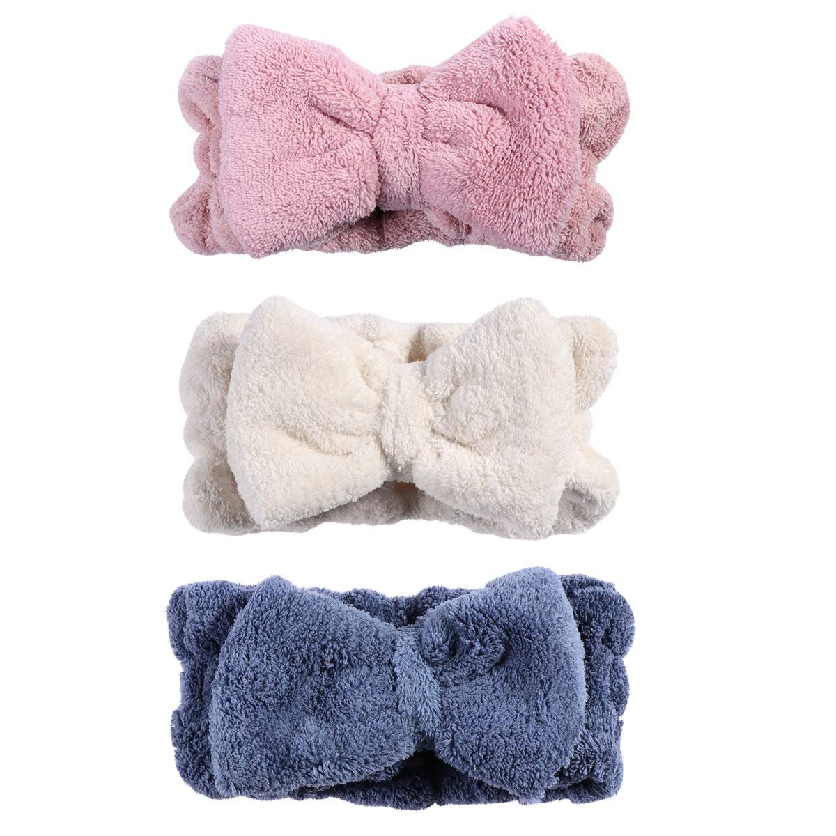 Frcolor Bowknot Hair Bands Elastic Coral Plush Make-up Face Wash Shower Headband for Women Girl 3Pcs (Blue Pink White)