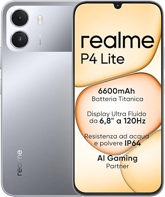 Smartphone realme P4 Lite 4G, 4GB+256GB, Display LCD HD 120Hz 6,8", Batteria Titan 6600mAh, Ricarica 15W, Ricarica inversa 6W, IP64, Sistema Next AI, Grigio Titan (Senza caricabatterie)