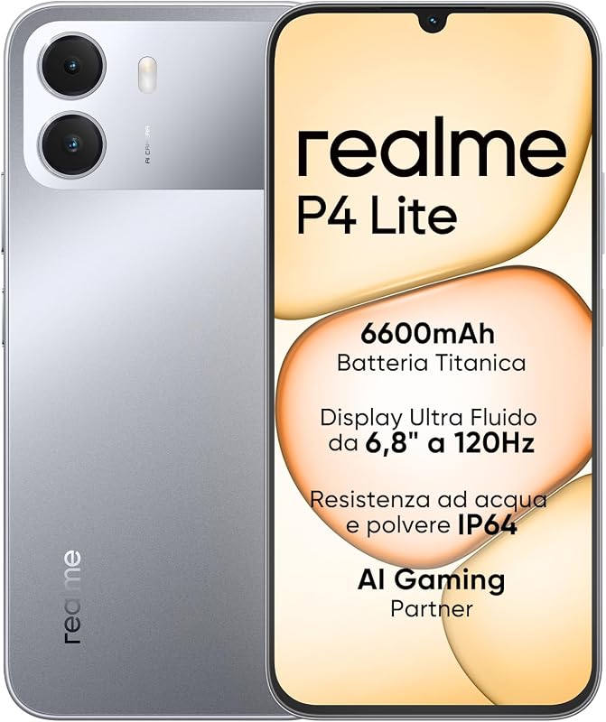 Smartphone realme P4 Lite 4G, 4GB+256GB, Display LCD HD 120Hz 6,8", Batteria Titan 6600mAh, Ricarica 15W, Ricarica inversa 6W, IP64, Sistema Next AI, Grigio Titan (Senza caricabatterie)