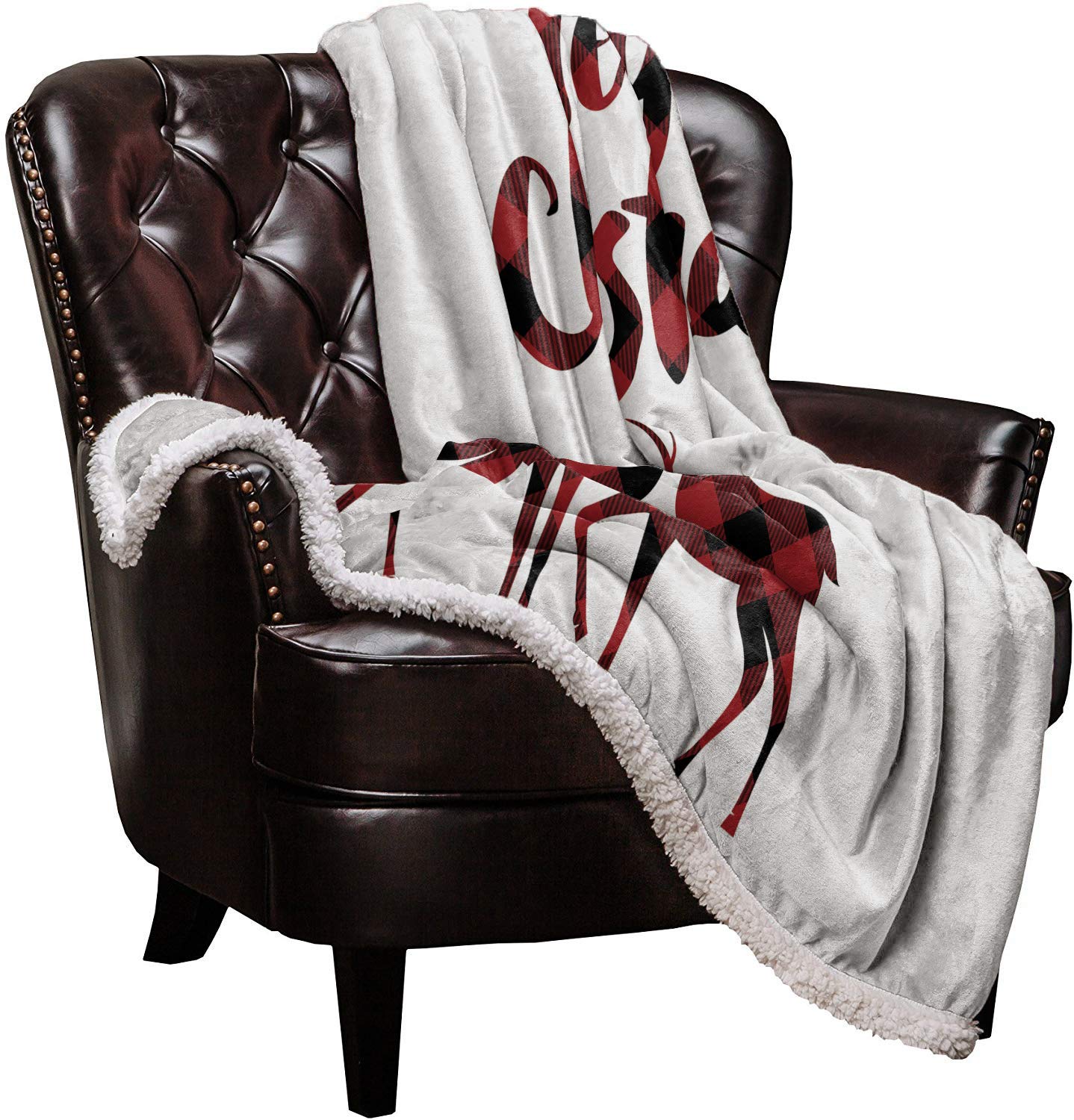 Reindeer Sherpa Fleece Blanket, Super Thick and Warm Cozy Luxury Blanket 40"x50", Red Black Buffalo Check Plaid Reindeer Merry Christmas Bed Blanket, Fluffy Microfiber Throw Blanket for Couch